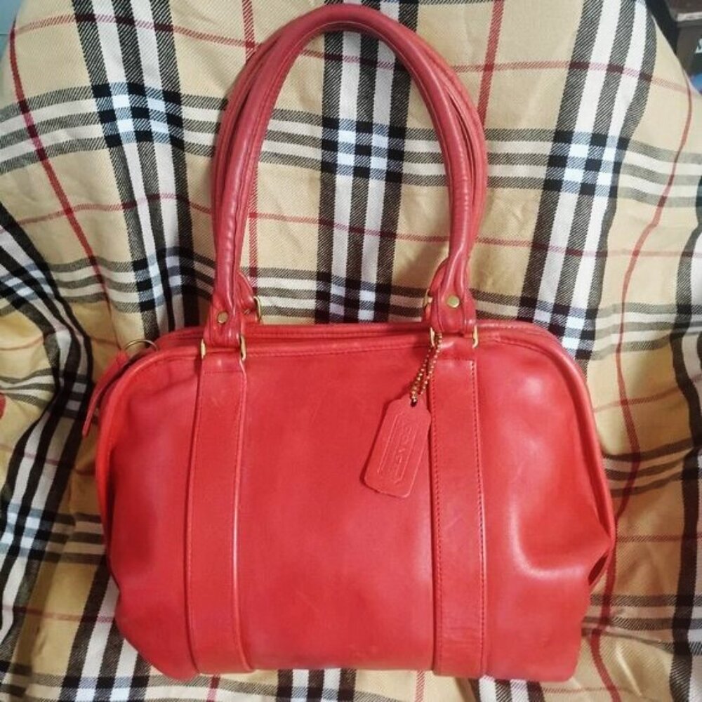 ❤️3 Vtg 80s COACH Tomato Red Leather Dr Bag Speedy Purse USA 8731 +FOB Dustbag